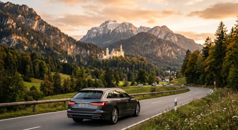 roadtrip en Allemagne avec voiture devant le château de Neuschwanstein